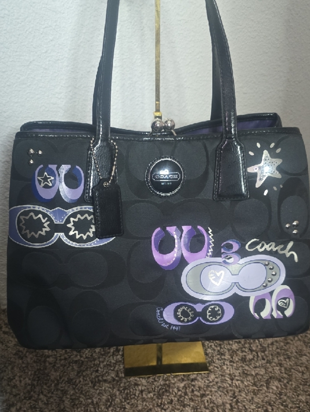 Coach Poppy Black & Purple Pop Graffiti Glam Kisslock Shoulder Bag (EUC)🖤💜🖤 - Picture 2 of 12